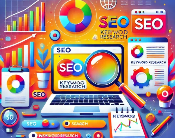 DALL·E 2024-11-28 20.00.34 - A vibrant illustration of website SEO elements, featuring a modern desktop setup with tools like analytics graphs, search engine icons (Google, Bing),