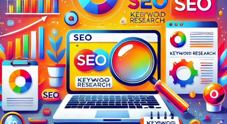 DALL·E 2024-11-28 20.00.34 - A vibrant illustration of website SEO elements, featuring a modern desktop setup with tools like analytics graphs, search engine icons (Google, Bing),